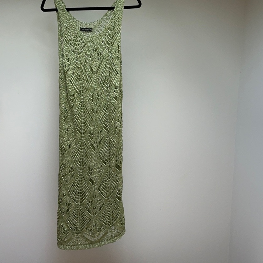 YUNIKA Green Sheath Midi Dress crochet metallic green L Like New